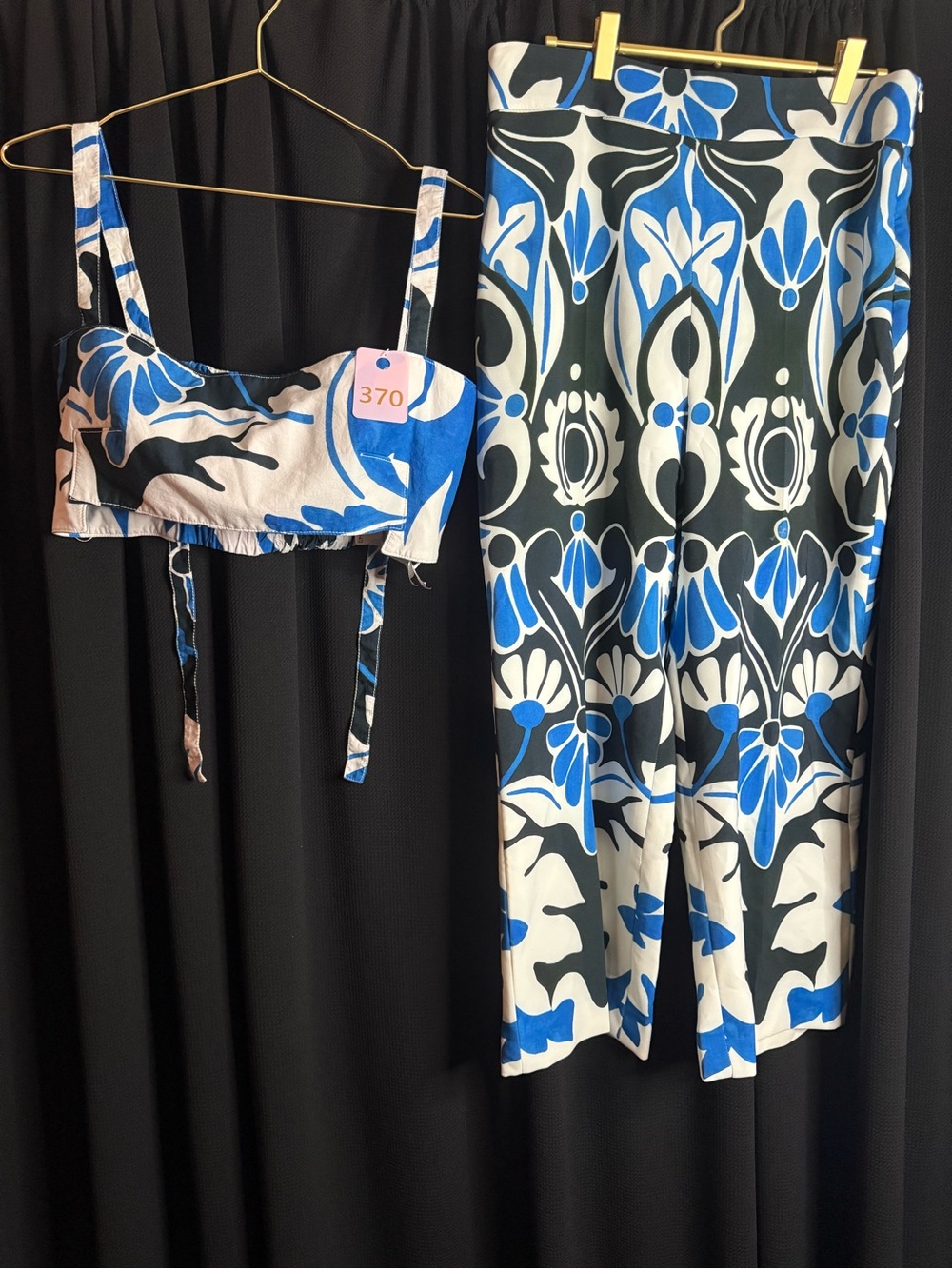Zara Blue, Black & White Floral Crop Top with Wide-Leg Pants